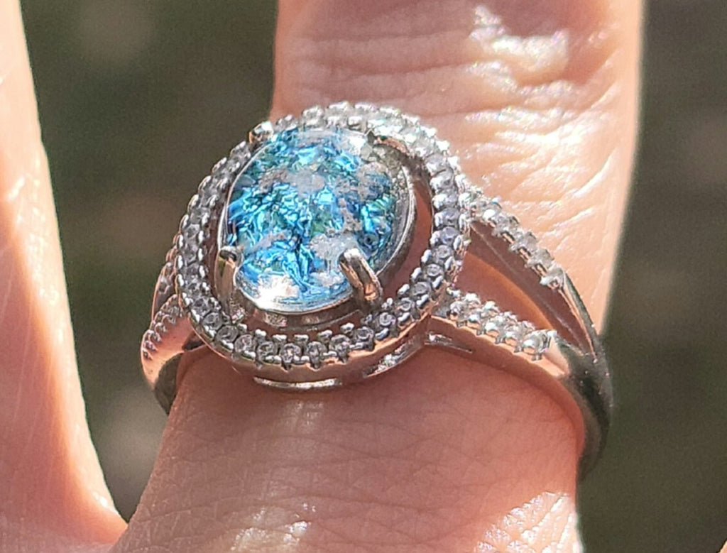 10x9mm Engagement Cremation Ring Ashes InFused Glass 52 CZ Sterling Silver Urn 7,8,9