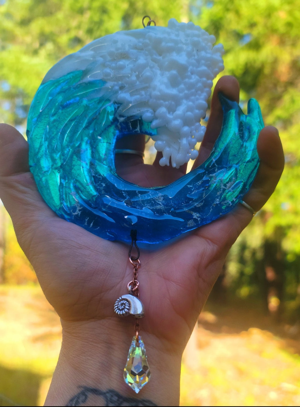 NEW Ashes InFused Glass Cremation Art Sun Catcher Ocean Wave Memorial