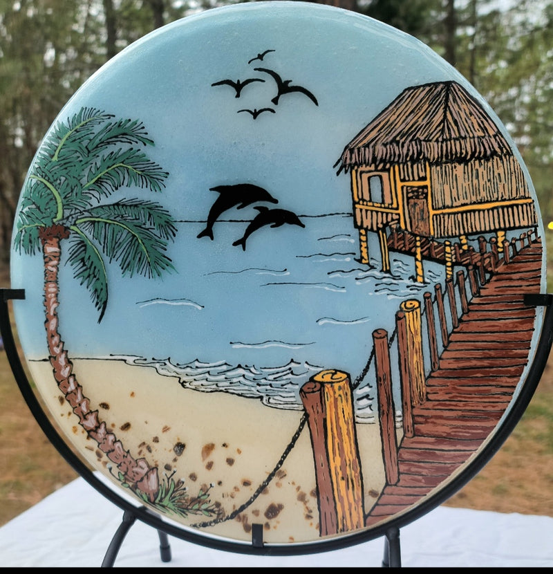 12 inch Bora Bora Hut Dolphins Beach Cremation Ashes InFused Glass
