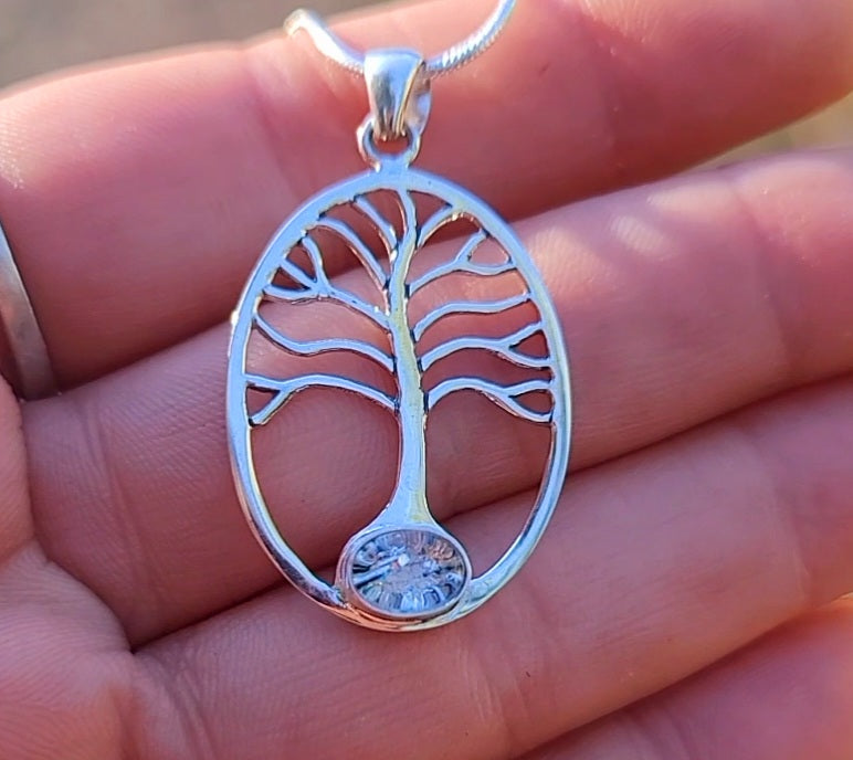 NEW Cremation Jewelry Pendant Bohemian Tree of Life Ashes InFused Glass Bali Silver