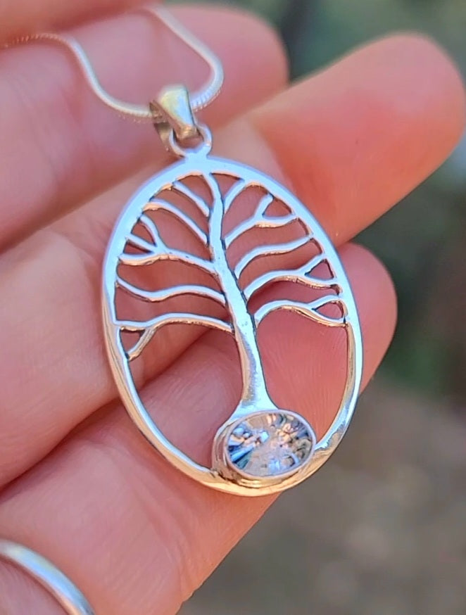 NEW Cremation Jewelry Pendant Bohemian Tree of Life Ashes InFused Glass Bali Silver