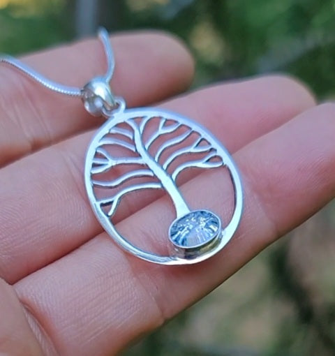 NEW Cremation Jewelry Pendant Bohemian Tree of Life Ashes InFused Glass Bali Silver