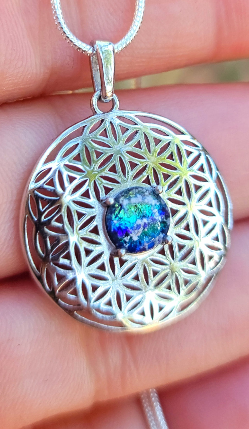 NEW Boho Flower of Life Cremation Jewelry Pendant Sacred Geometry Ashes InFused Glass