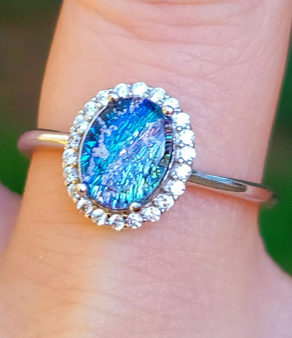 NEW 9x7mm Engagement Style Ashes InFused Glass Cremation Ring 22 cubic zirconium Sterling Silver 7,8,9