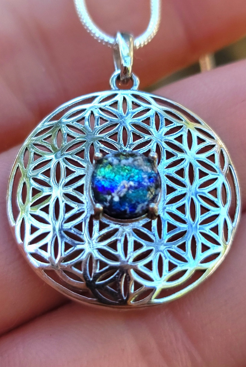 NEW Boho Flower of Life Cremation Jewelry Pendant Sacred Geometry Ashes InFused Glass