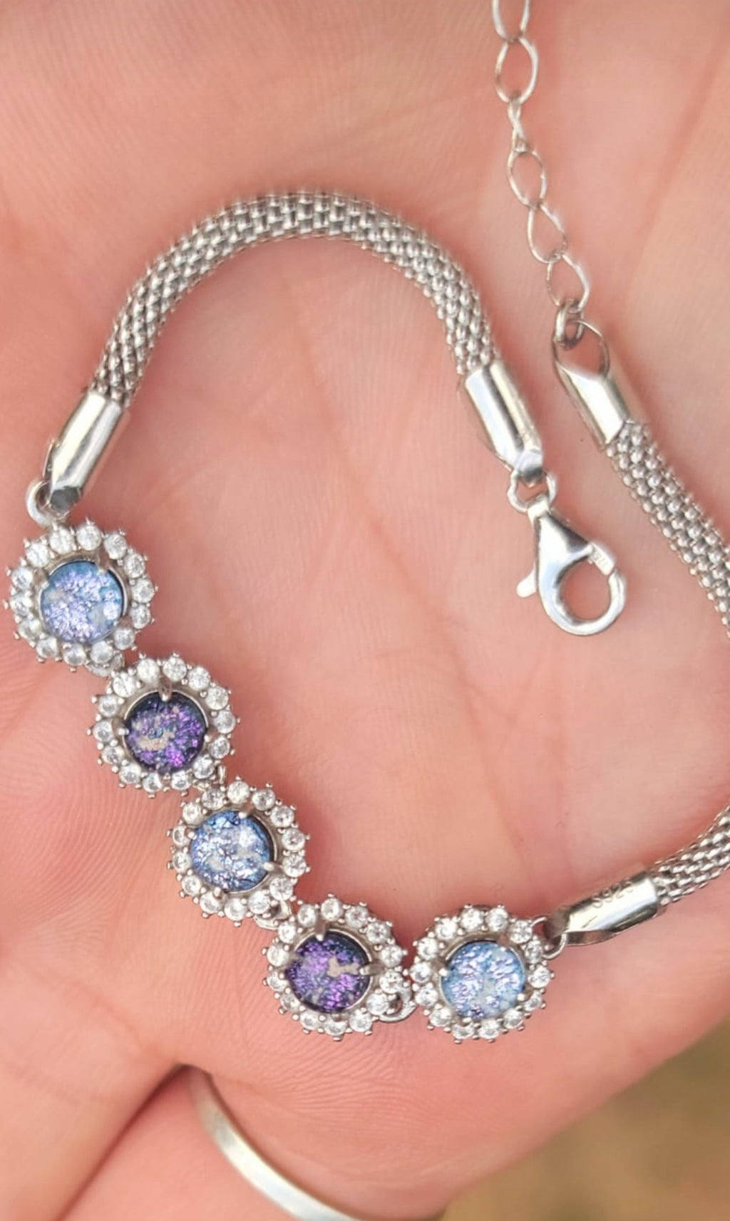 CZ Halo Cremation Ash Bracelet 5x 5mm Stones Ashes InFused Glass Italian Silver Rope Chain Adjustable Clasp
