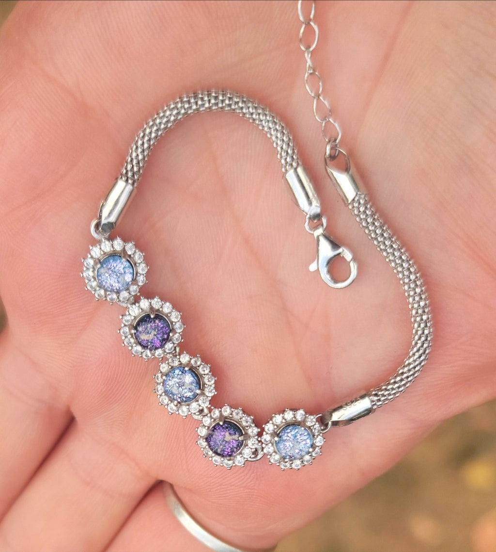 CZ Halo Cremation Ash Bracelet 5x 5mm Stones Ashes InFused Glass Italian Silver Rope Chain Adjustable Clasp