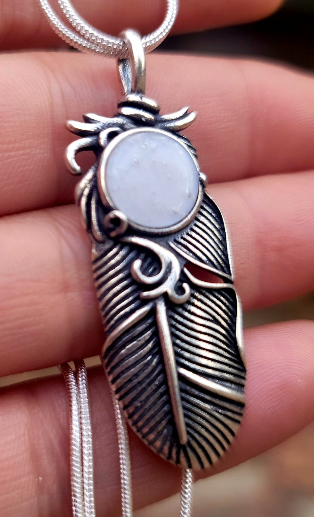 NEW Boho Feather Cremation Jewelry 10mm Ashes InFused Glass Pendant Sterling Silver