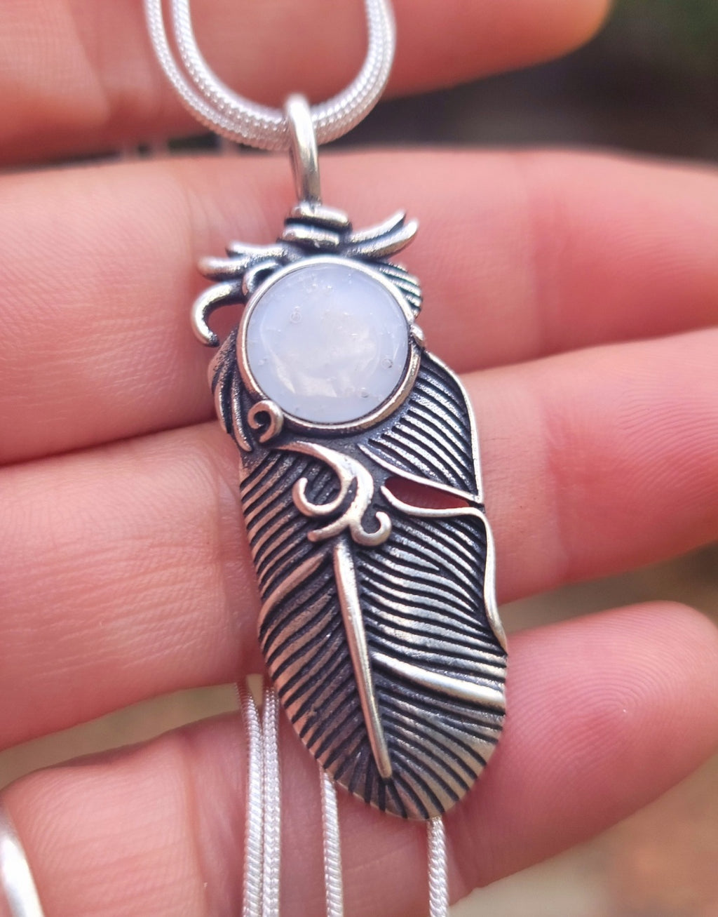 NEW Boho Feather Cremation Jewelry 10mm Ashes InFused Glass Pendant Sterling Silver