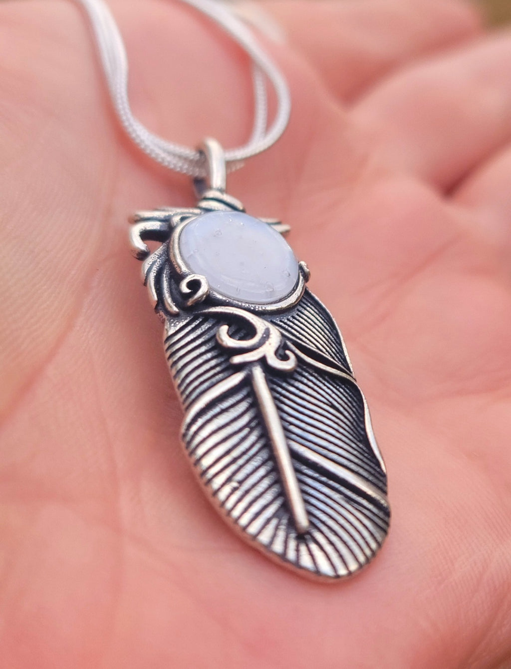 NEW Boho Feather Cremation Jewelry 10mm Ashes InFused Glass Pendant Sterling Silver