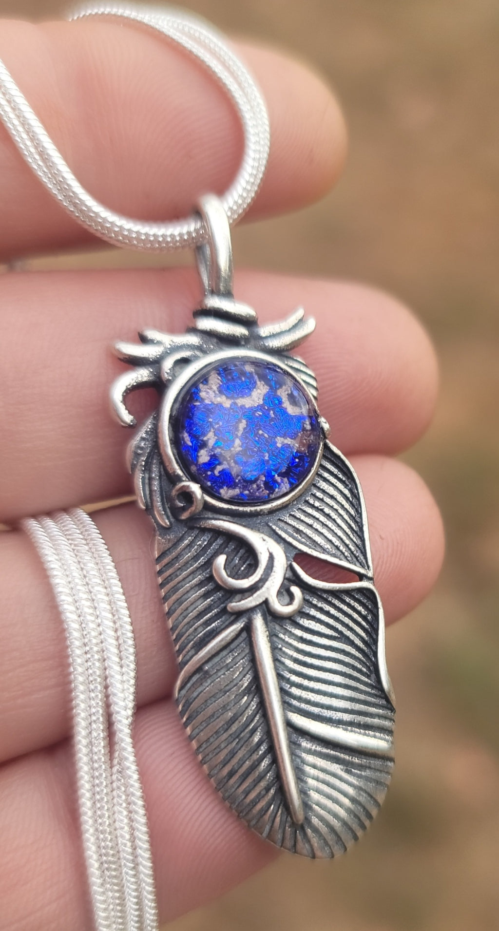 Boho Feather Cremation Jewelry 10mm Ashes InFused Glass Pendant Sterling Silver