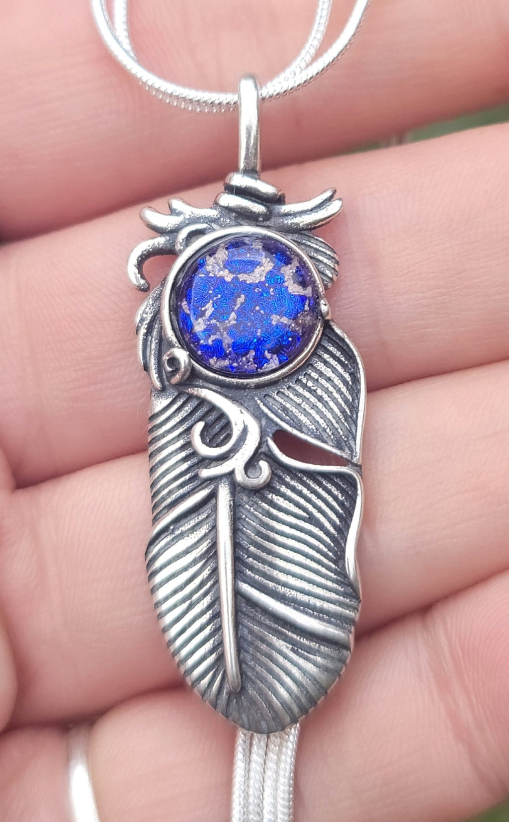 Boho Feather Cremation Jewelry 10mm Ashes InFused Glass Pendant Sterling Silver