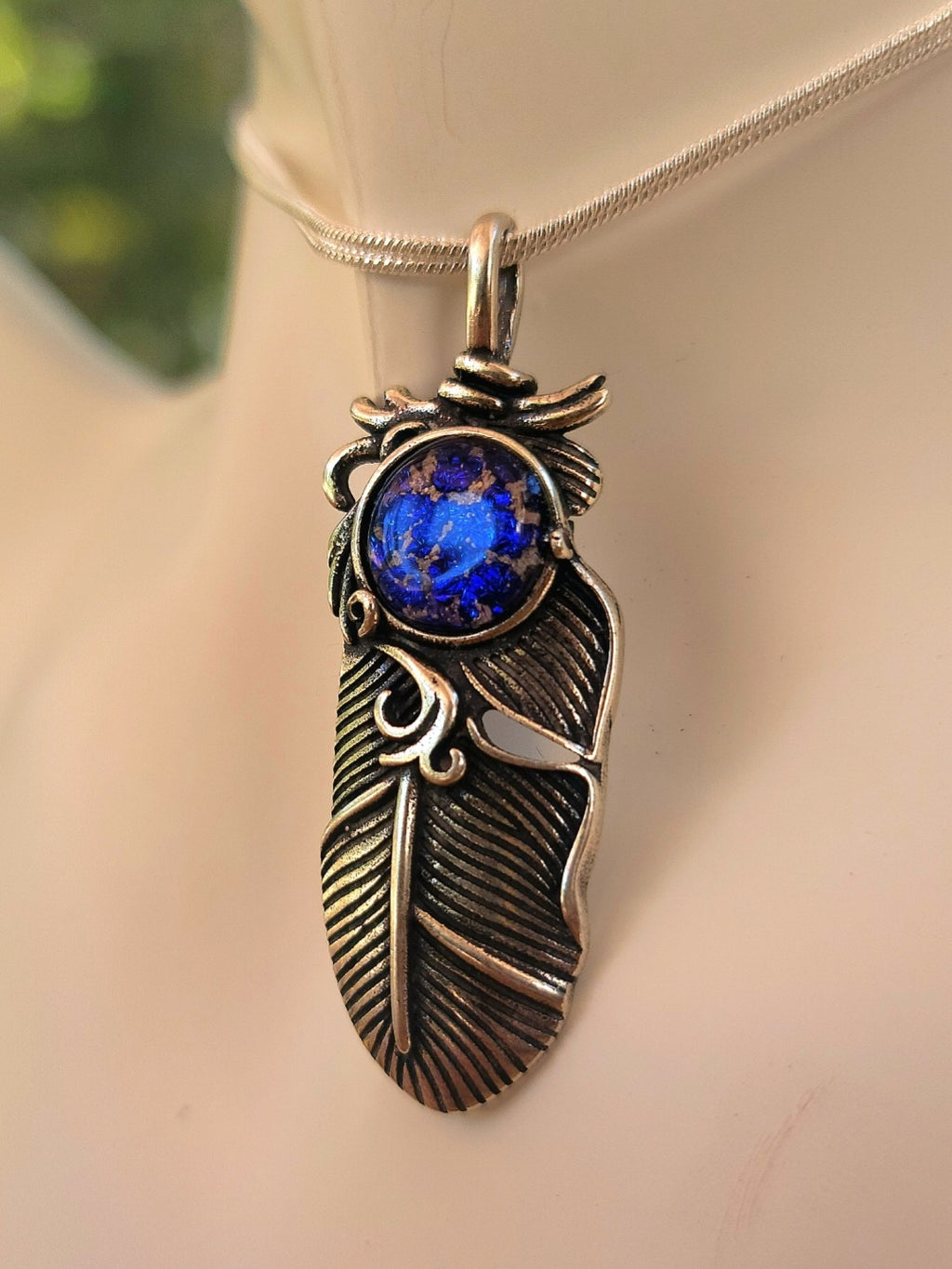 Boho Feather Cremation Jewelry 10mm Ashes InFused Glass Pendant Sterling Silver