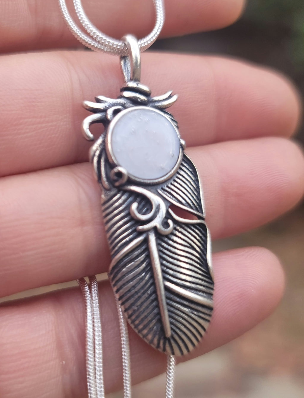 NEW Boho Feather Cremation Jewelry 10mm Ashes InFused Glass Pendant Sterling Silver