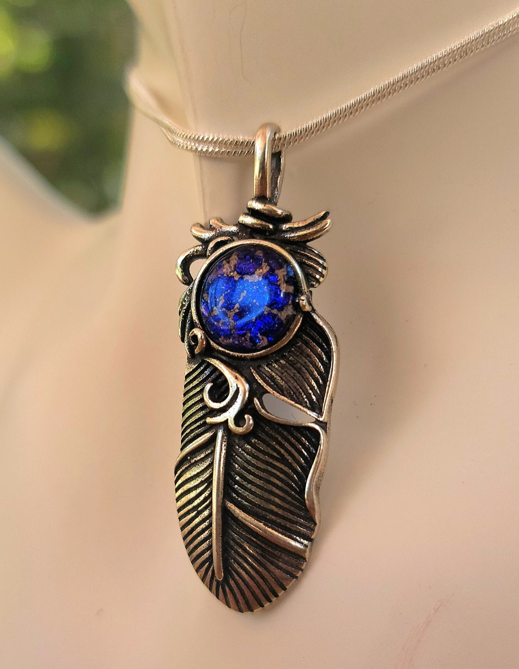 NEW Boho Feather Cremation Jewelry 10mm Ashes InFused Glass Pendant Sterling Silver