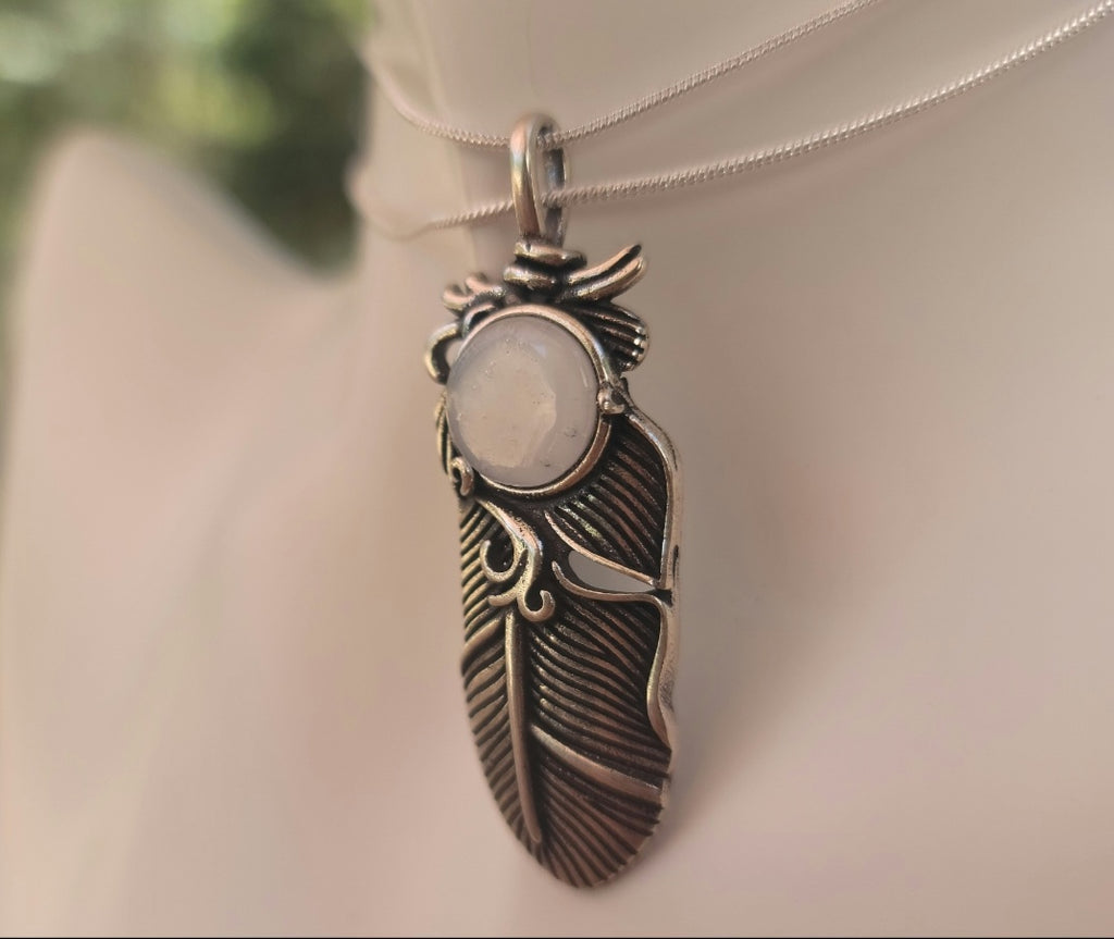 NEW Boho Feather Cremation Jewelry 10mm Ashes InFused Glass Pendant Sterling Silver