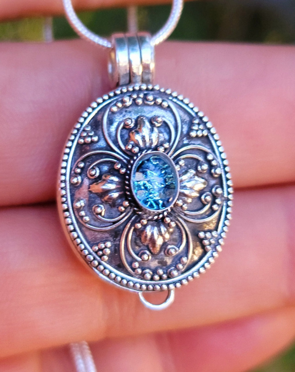 Prayer Note Box Cremation Jewelry Pendant Ashes InFused Glass Bali Silver