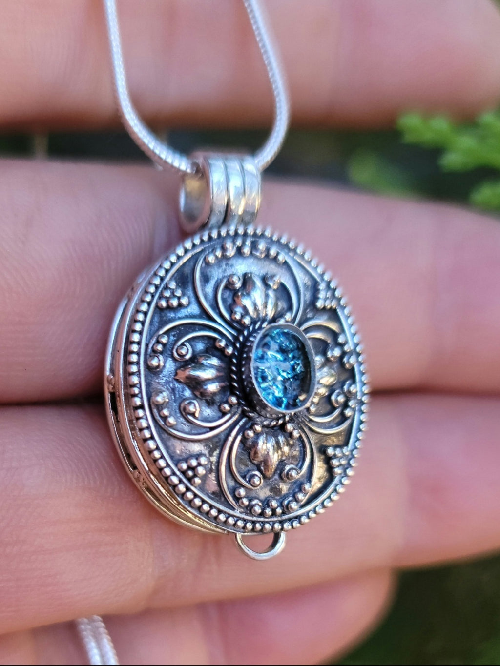 Prayer Note Box Cremation Jewelry Pendant Ashes InFused Glass Bali Silver