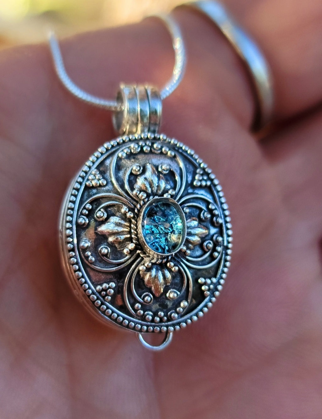Prayer Note Box Cremation Jewelry Pendant Ashes InFused Glass Bali Silver