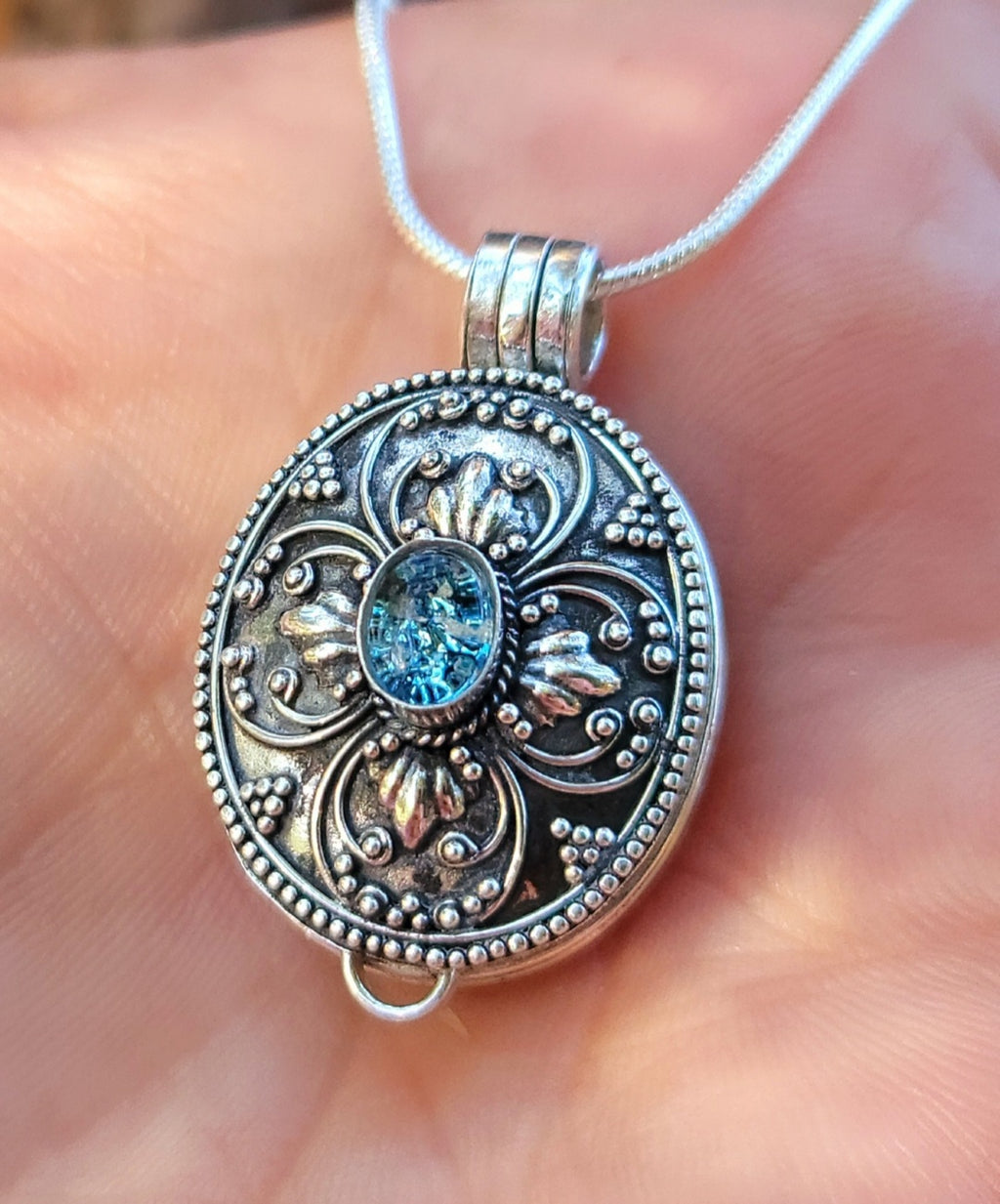 Prayer Note Box Cremation Jewelry Pendant Ashes InFused Glass Bali Silver