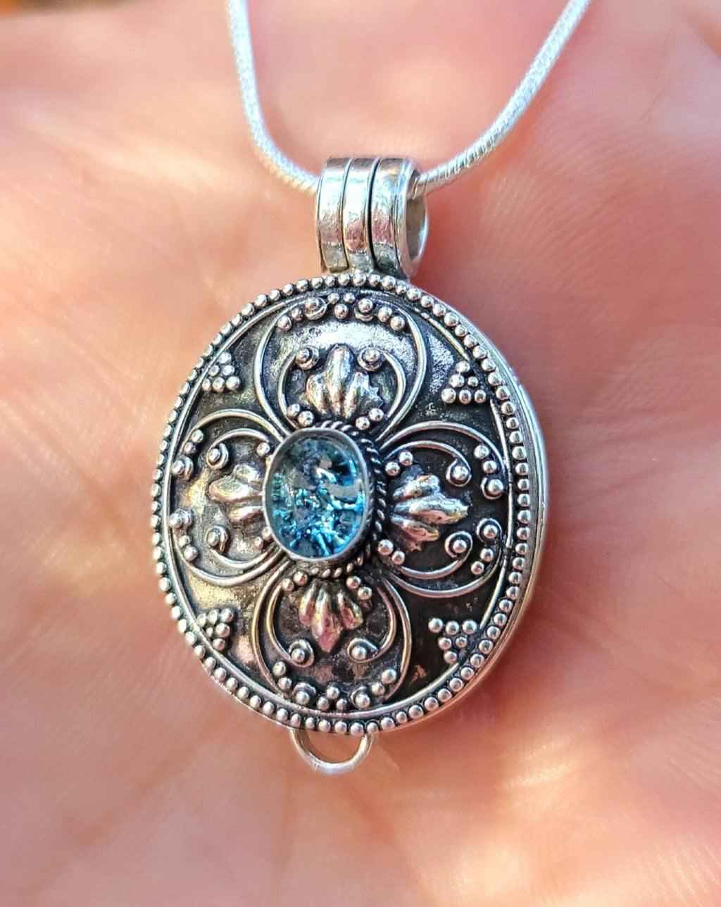 Prayer Note Box Cremation Jewelry Pendant Ashes InFused Glass Bali Silver