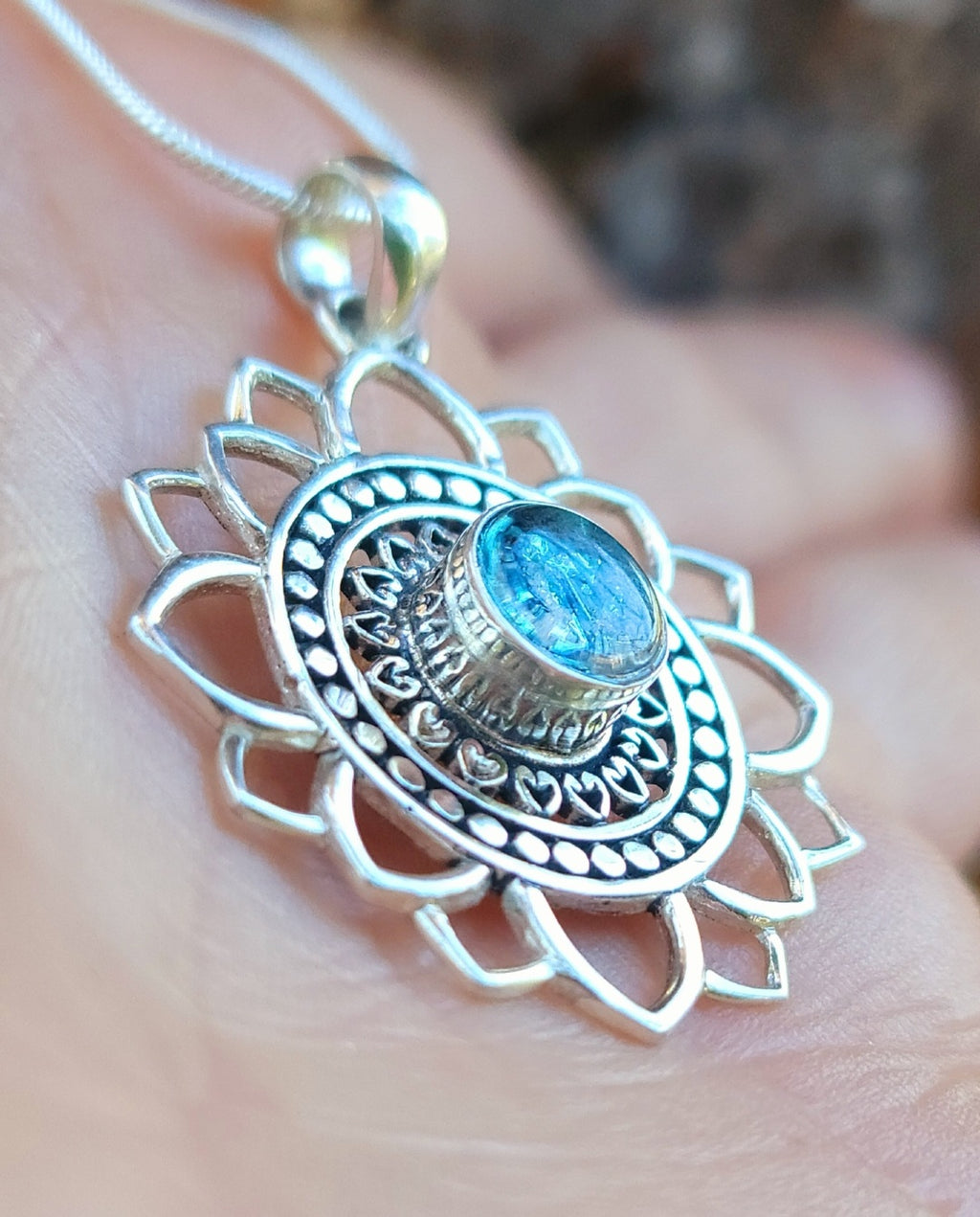 Boho Mandala Flower Cremation Jewelry Pendant Ashes InFused Glass Bali Silver