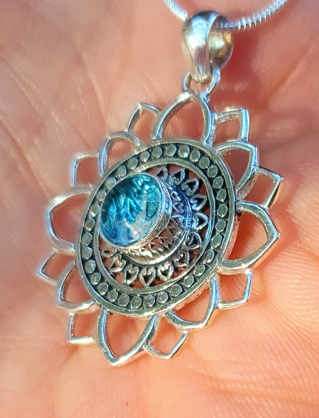 Boho Mandala Flower Cremation Jewelry Pendant Ashes InFused Glass Bali Silver