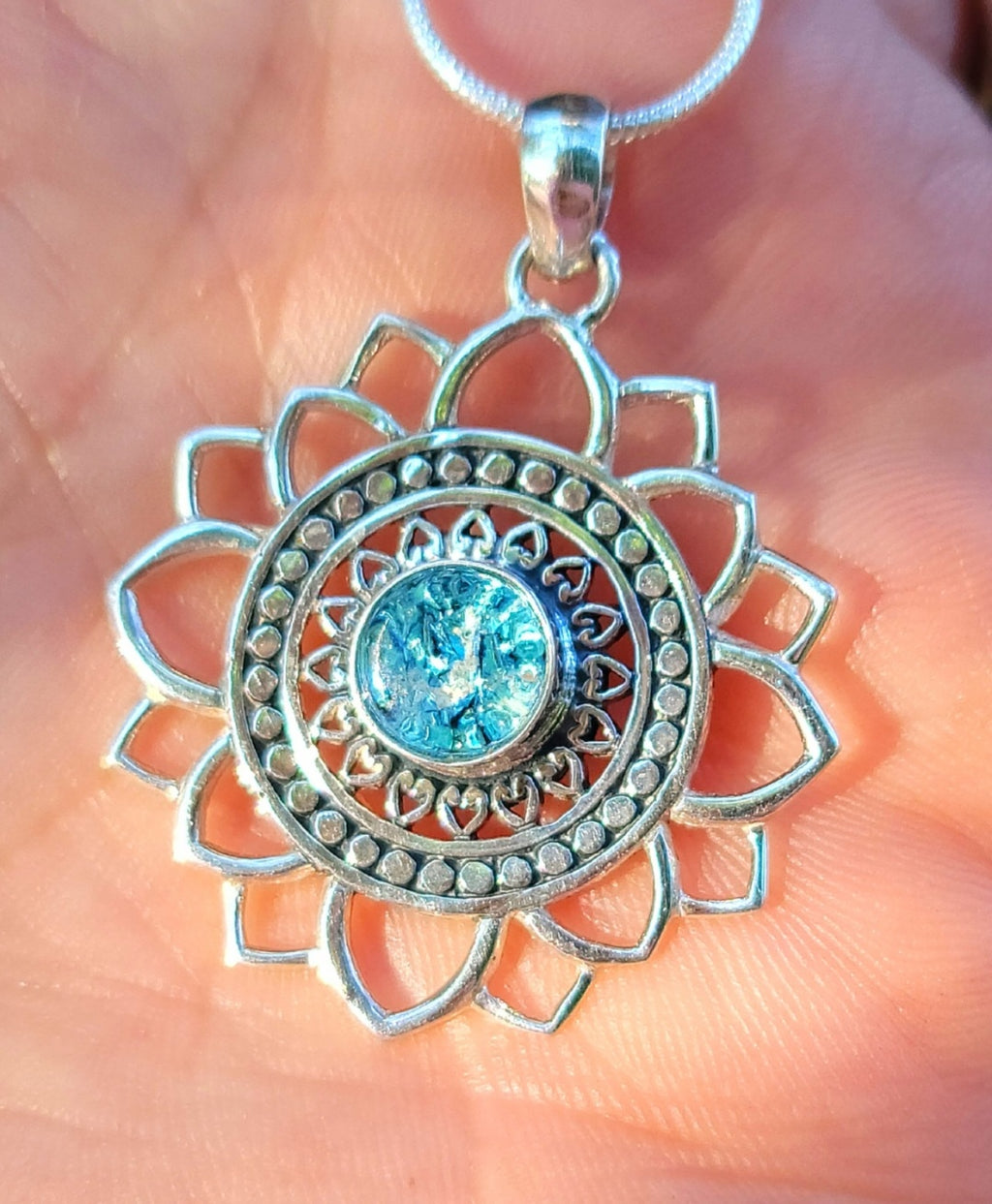 Boho Mandala Flower Cremation Jewelry Pendant Ashes InFused Glass Bali Silver