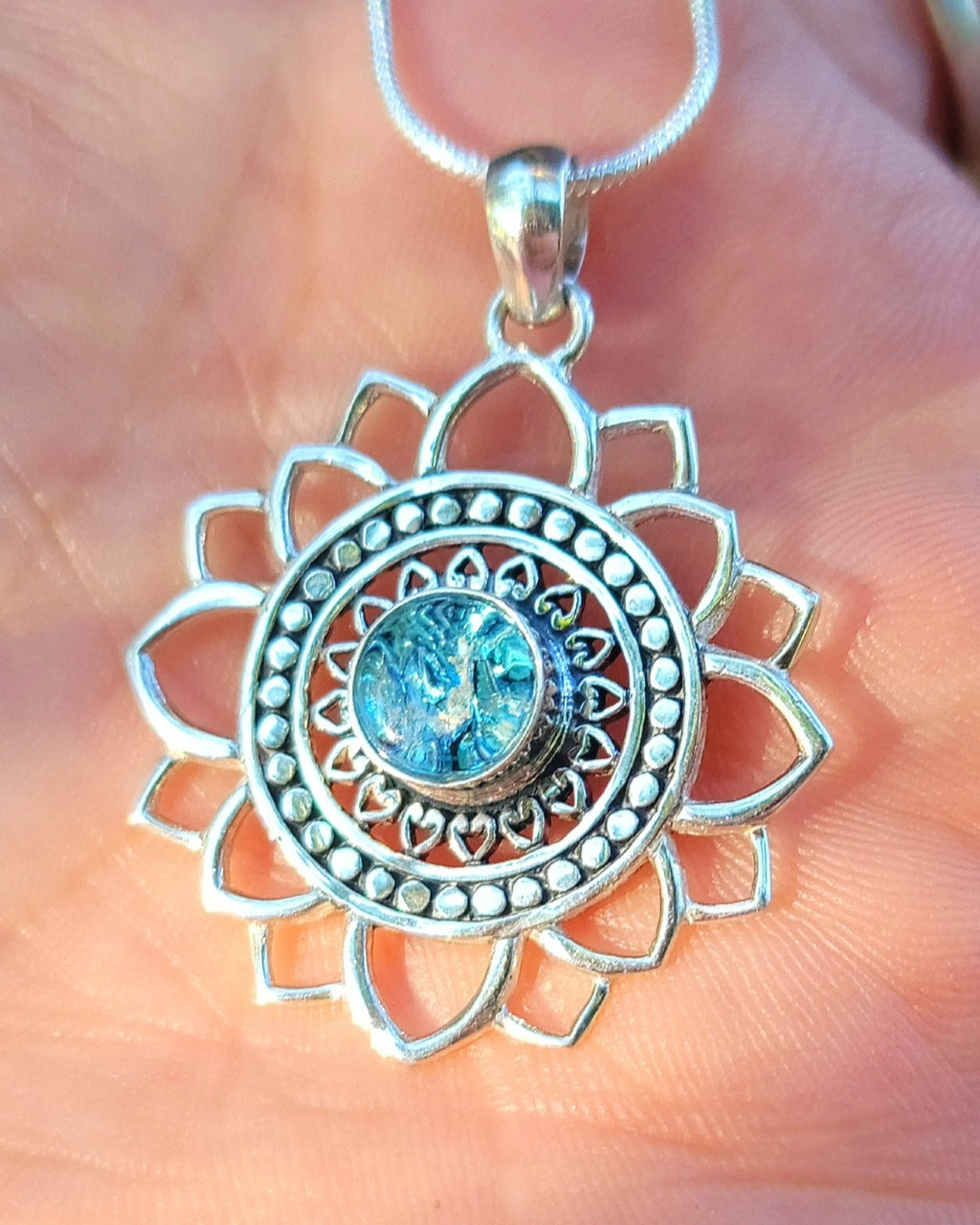 NEW Boho Mandala Flower Cremation Jewelry Pendant Ashes InFused Glass Bali Silver