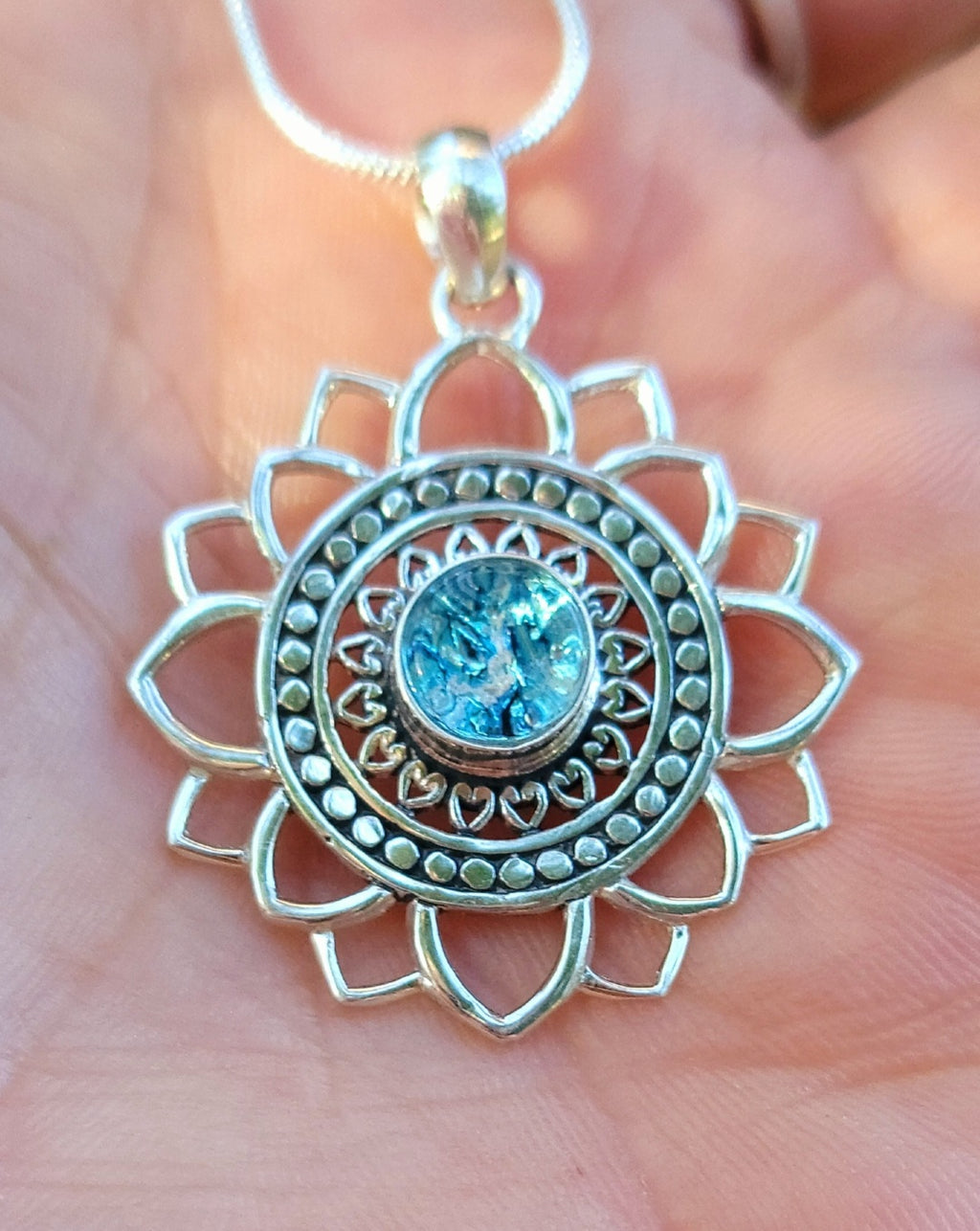 Boho Mandala Flower Cremation Jewelry Pendant Ashes InFused Glass Bali Silver