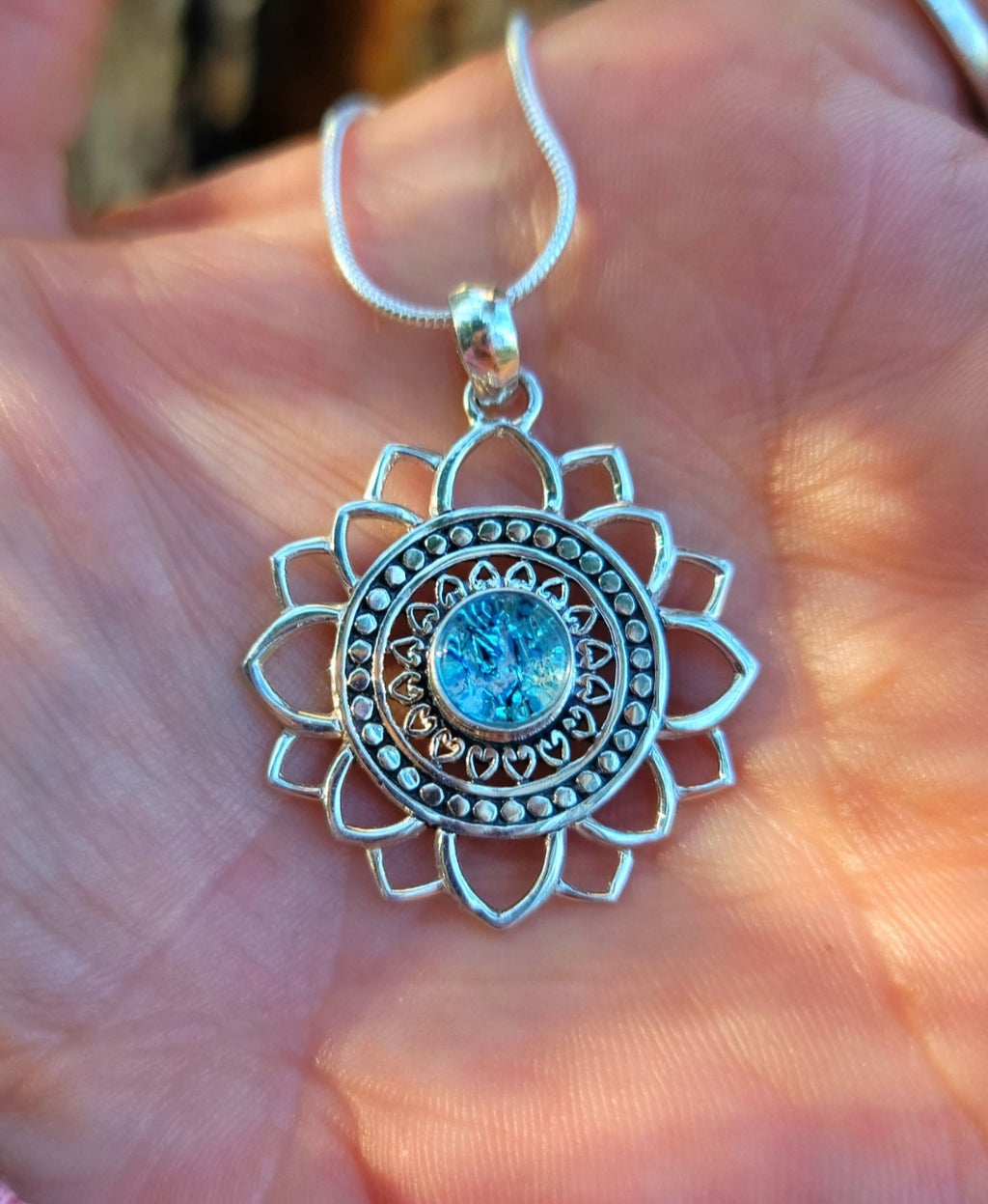 Boho Mandala Flower Cremation Jewelry Pendant Ashes InFused Glass Bali Silver