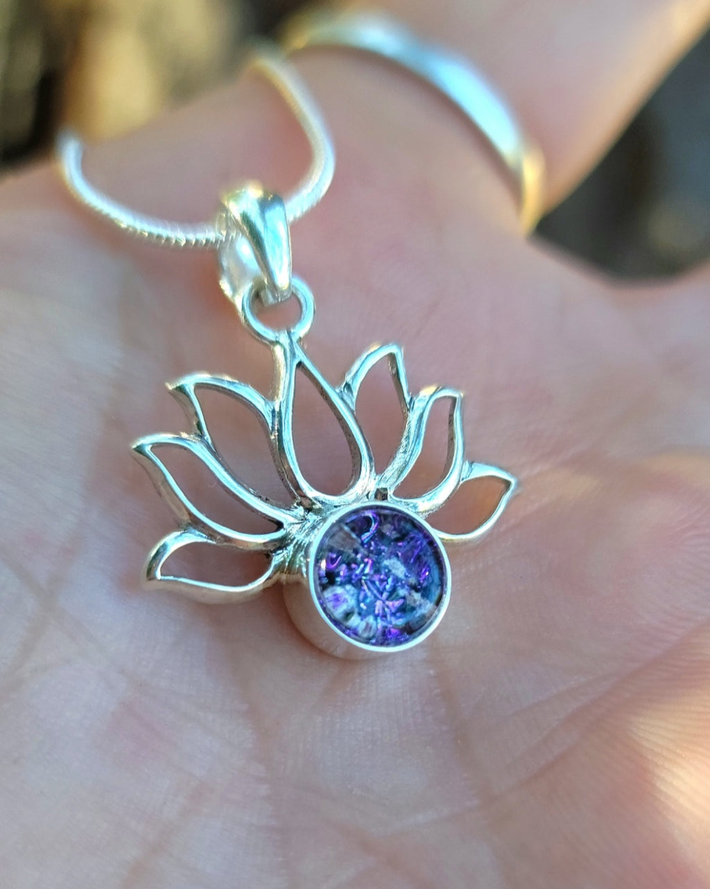 NEW Boho Lotus Flower Cremation Jewelry Pendant Ashes InFused Glass Bali Silver
