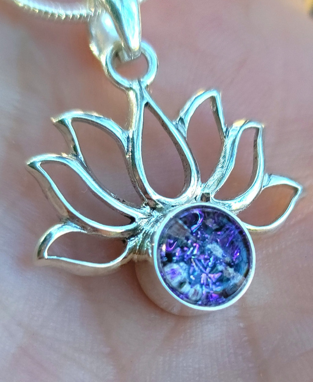 Boho Lotus Flower Cremation Jewelry Pendant Ashes InFused Glass Bali Silver
