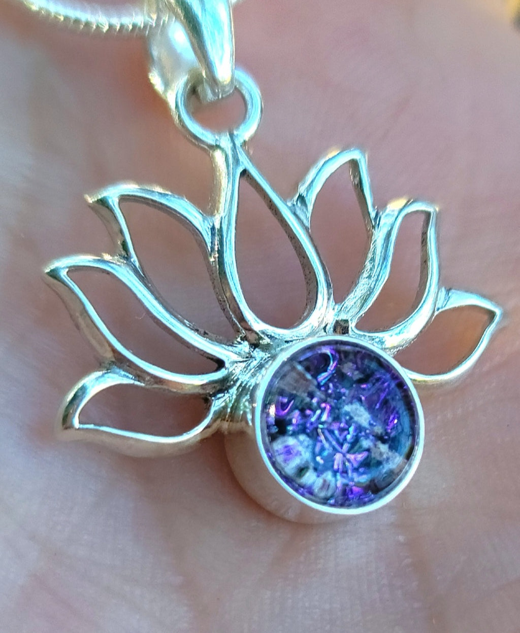 NEW Boho Lotus Flower Cremation Jewelry Pendant Ashes InFused Glass Bali Silver