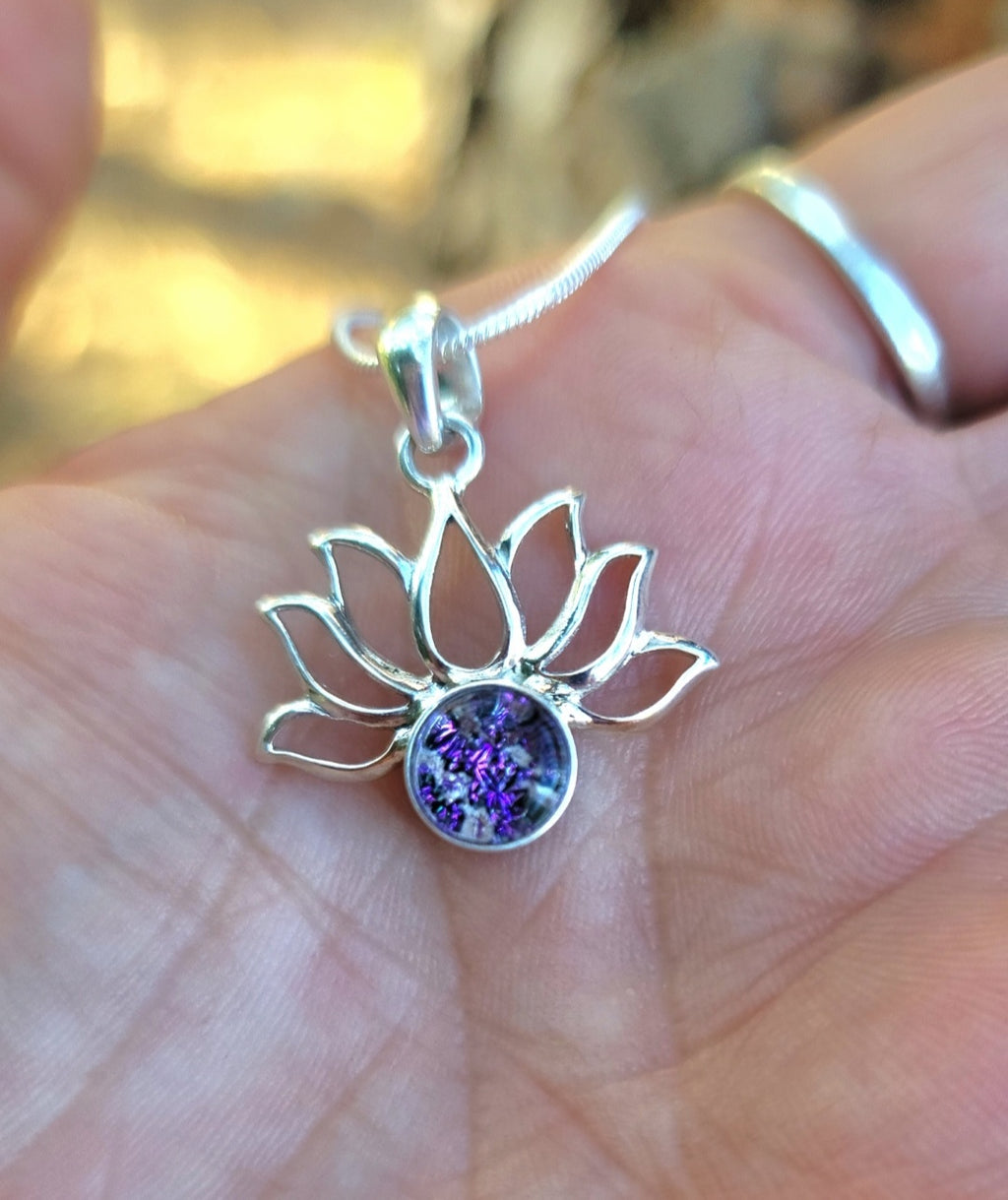 Boho Lotus Flower Cremation Jewelry Pendant Ashes InFused Glass Bali Silver