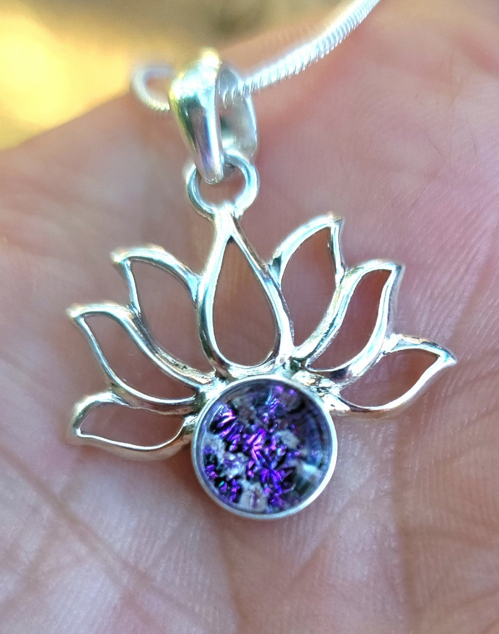 Boho Lotus Flower Cremation Jewelry Pendant Ashes InFused Glass Bali Silver