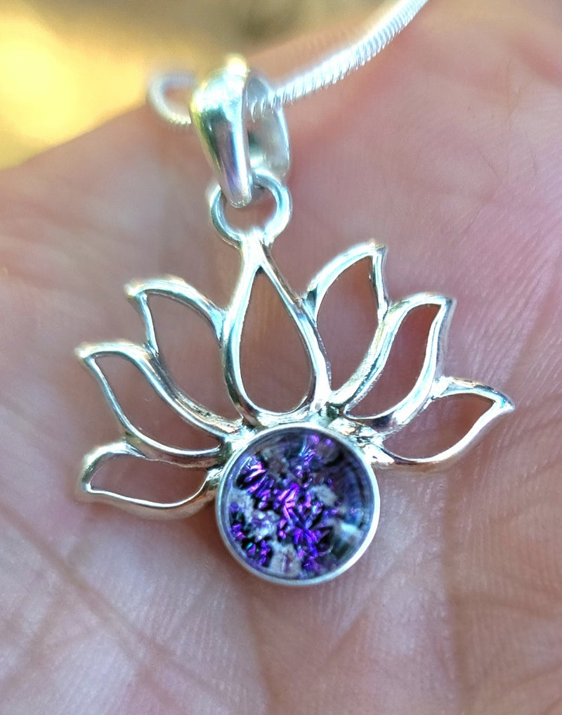 Boho Lotus Flower Cremation Jewelry Pendant Ashes InFused Glass Bali Silver