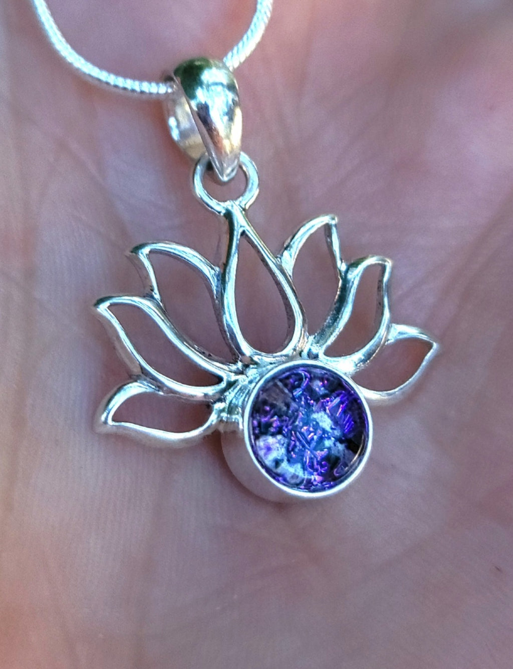 NEW Boho Lotus Flower Cremation Jewelry Pendant Ashes InFused Glass Bali Silver