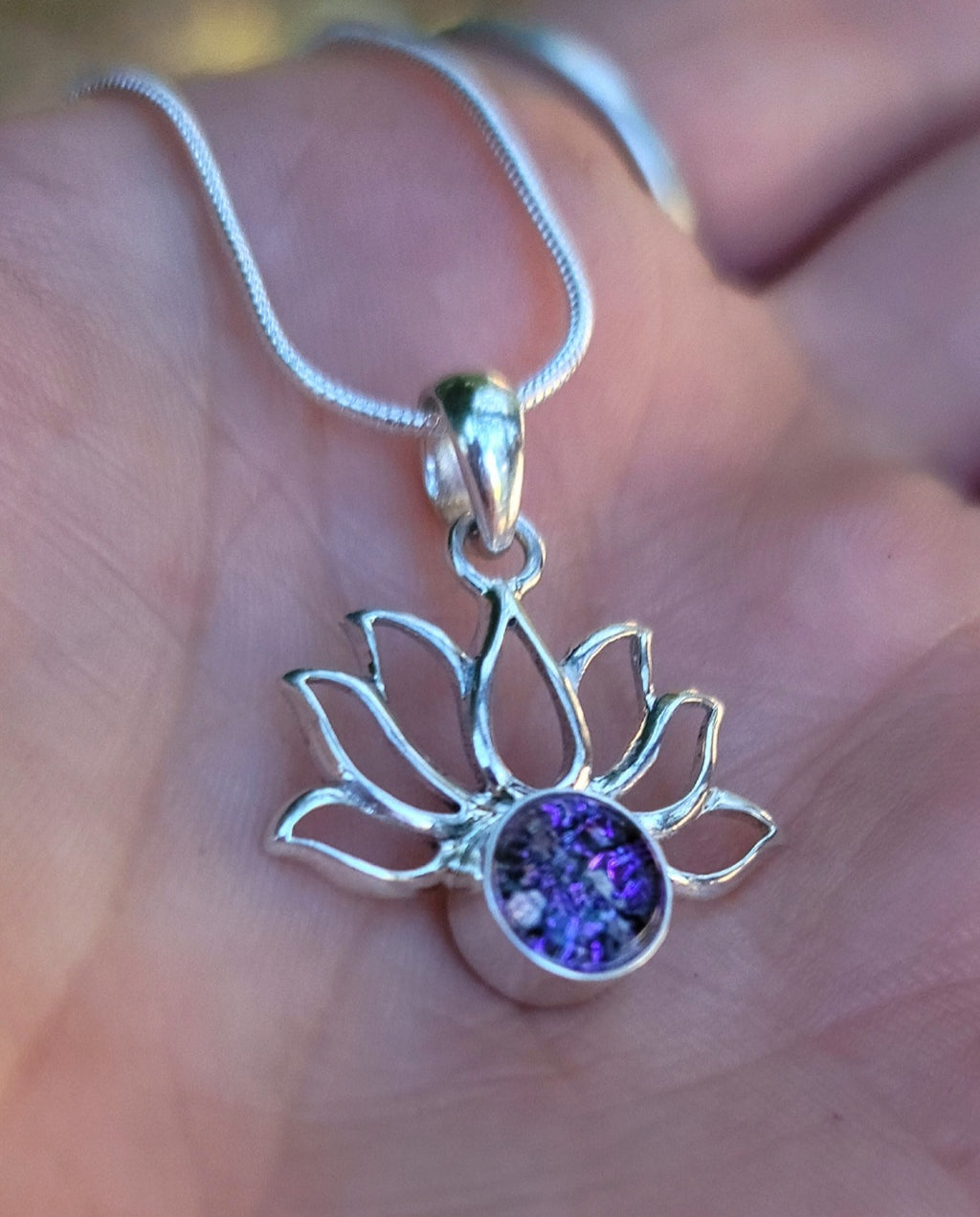 Boho Lotus Flower Cremation Jewelry Pendant Ashes InFused Glass Bali Silver