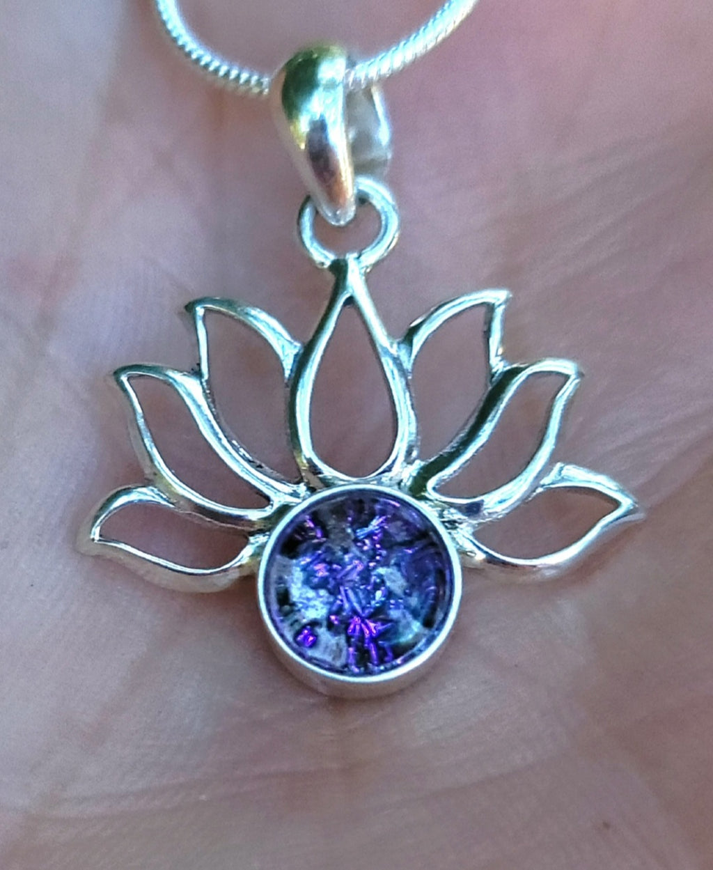 NEW Boho Lotus Flower Cremation Jewelry Pendant Ashes InFused Glass Bali Silver