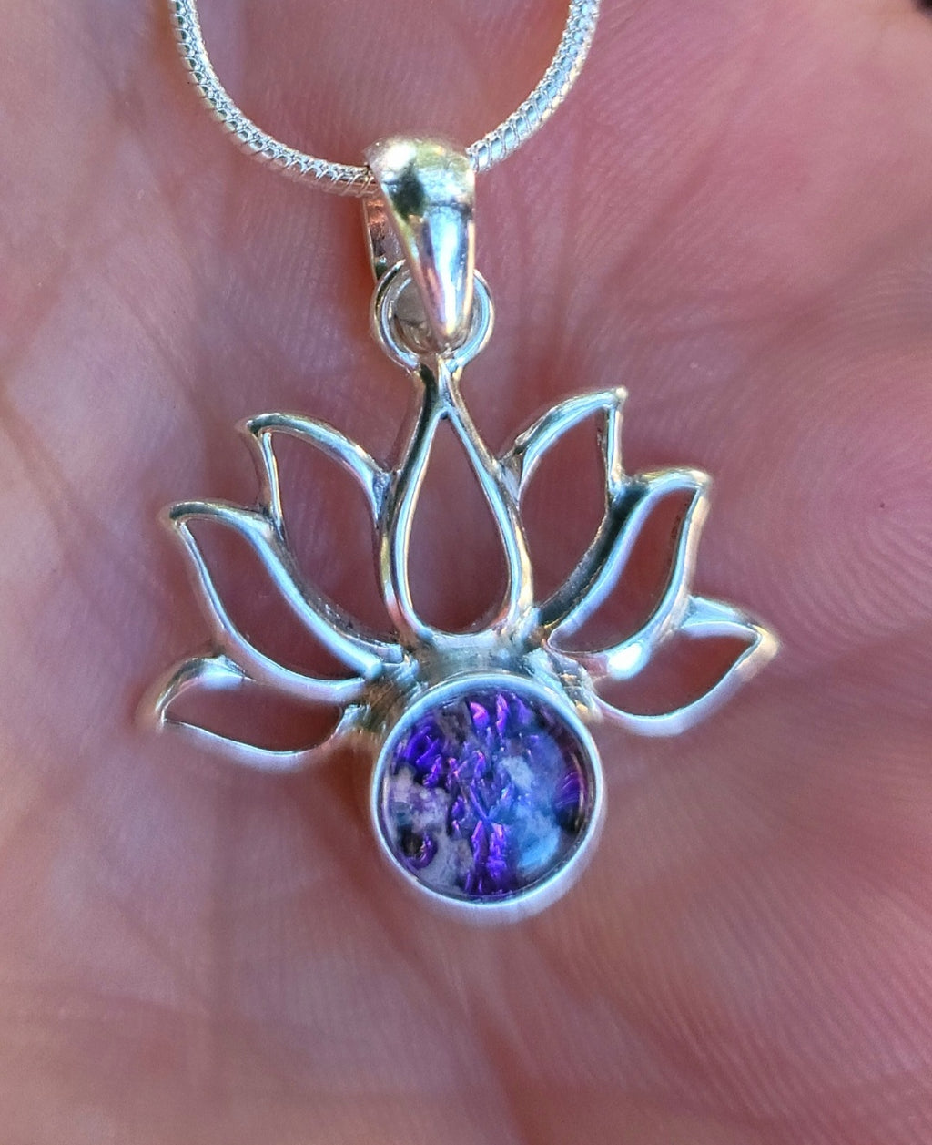 NEW Boho Lotus Flower Cremation Jewelry Pendant Ashes InFused Glass Bali Silver