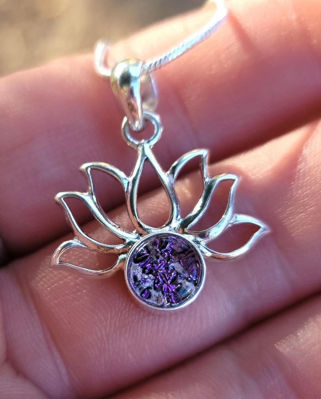 Boho Lotus Flower Cremation Jewelry Pendant Ashes InFused Glass Bali Silver