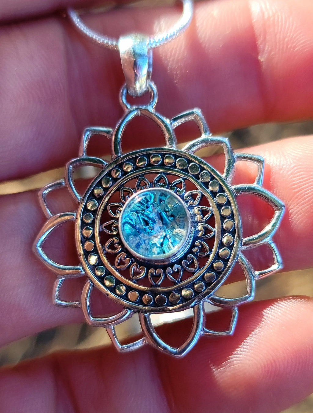Boho Mandala Flower Cremation Jewelry Pendant Ashes InFused Glass Bali Silver