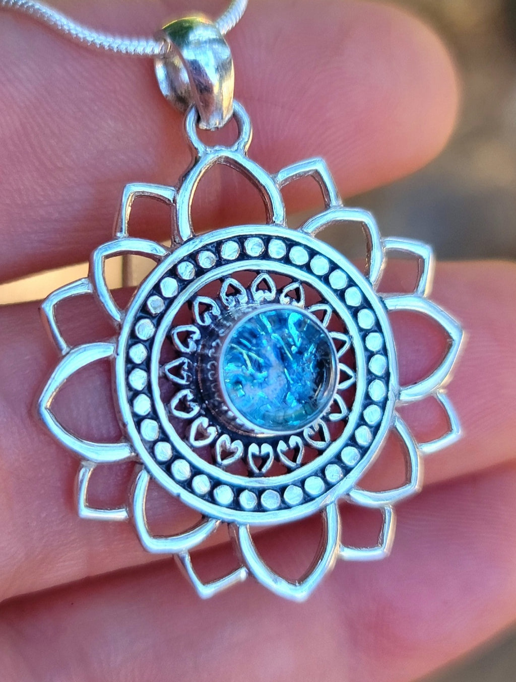 Boho Mandala Flower Cremation Jewelry Pendant Ashes InFused Glass Bali Silver