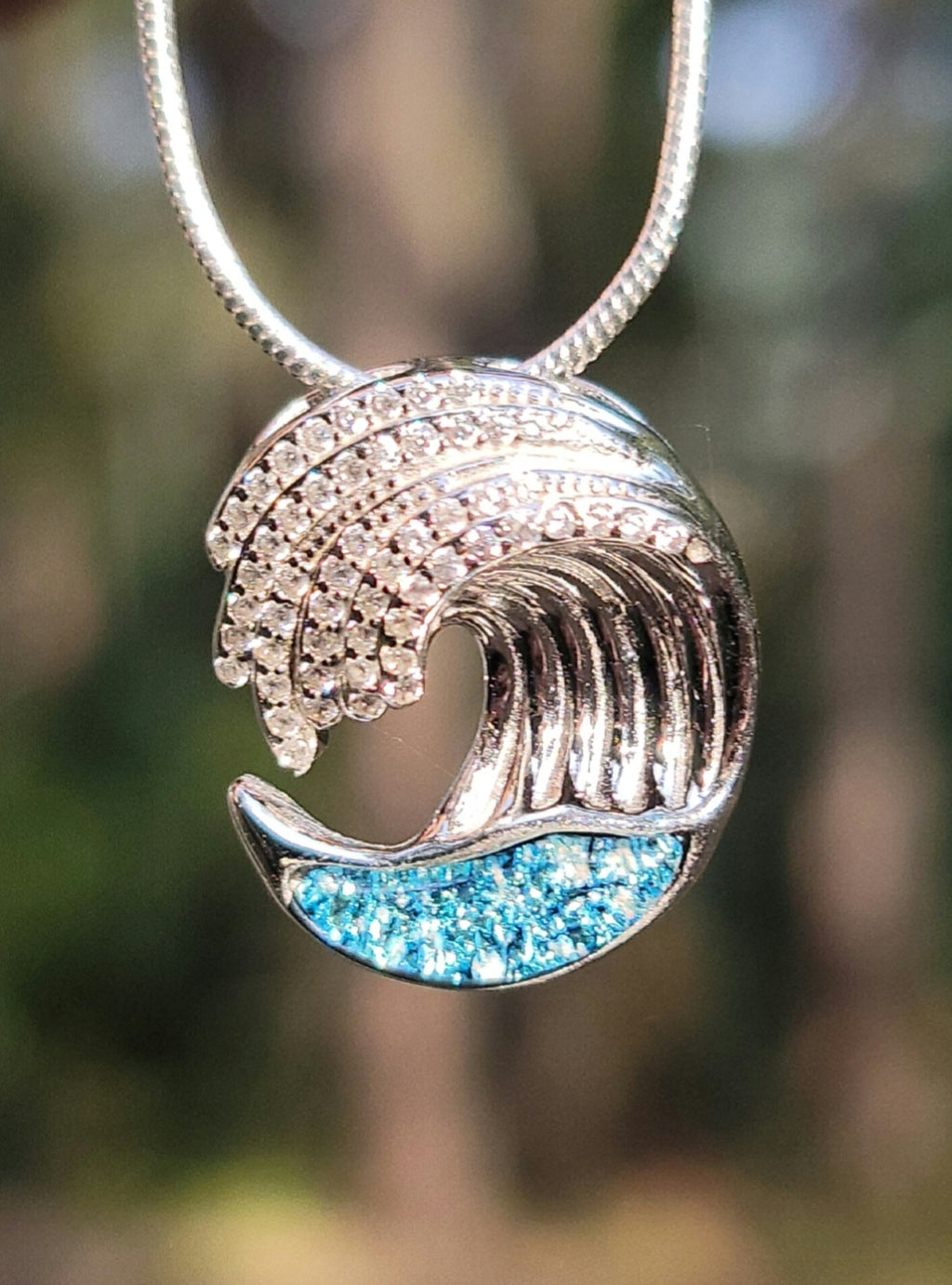 NEW 3D Ocean Wave Cremation Jewelry Pendant Ashes InFused Ocean Beach Urn Necklace CZ Paved Waves