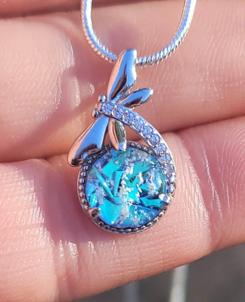 CZ Dragonfly Cremation Jewelry Ashes InFused Glass Sterling Silver Urn Pendant