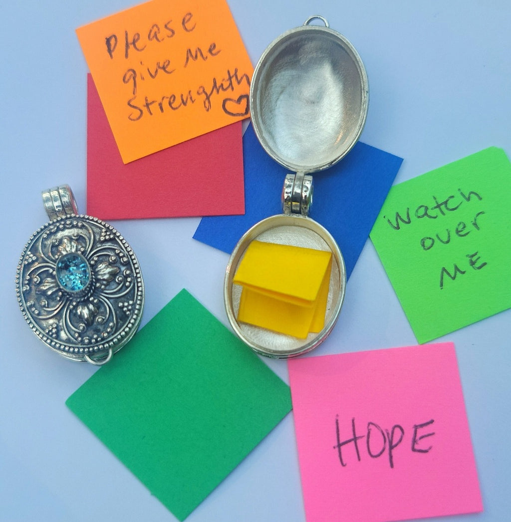 Prayer Note Box Cremation Jewelry Pendant Ashes InFused Glass Bali Silver