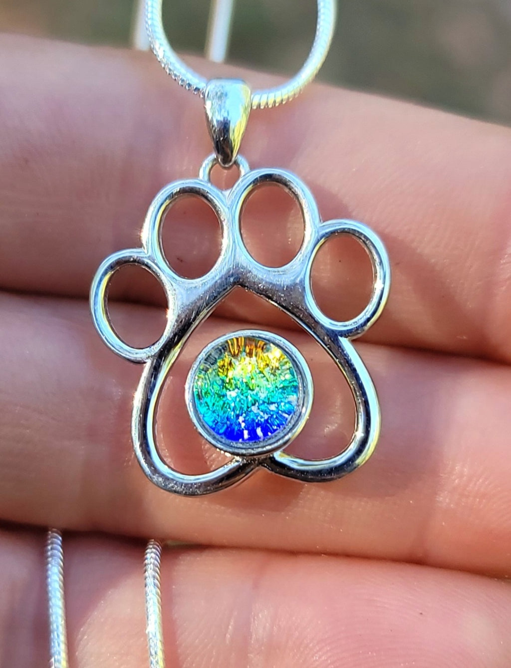 Paw Print Cremation Jewelry Ashes InFused Glass Sterling Silver Urn Necklace