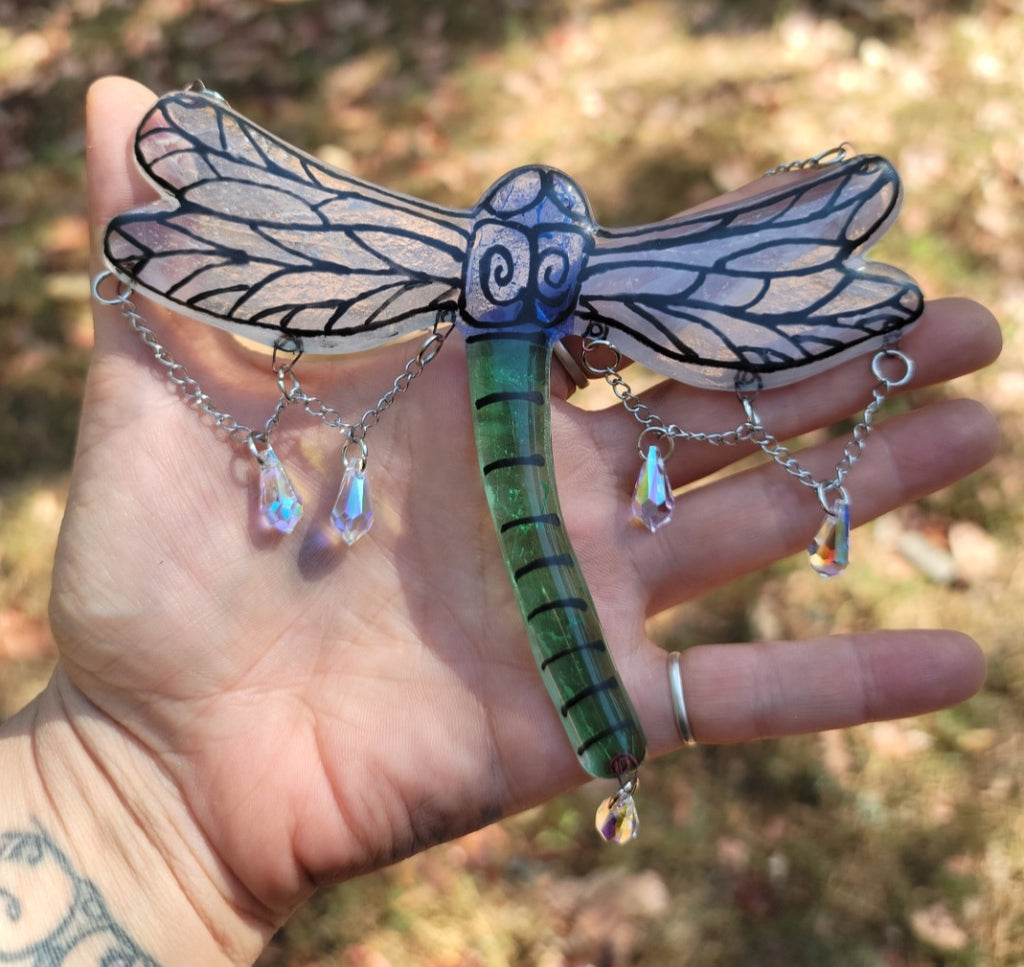 Dragonfly  Cremation Art Sun Catcher Ashes Infused Glass Memorial 7inch