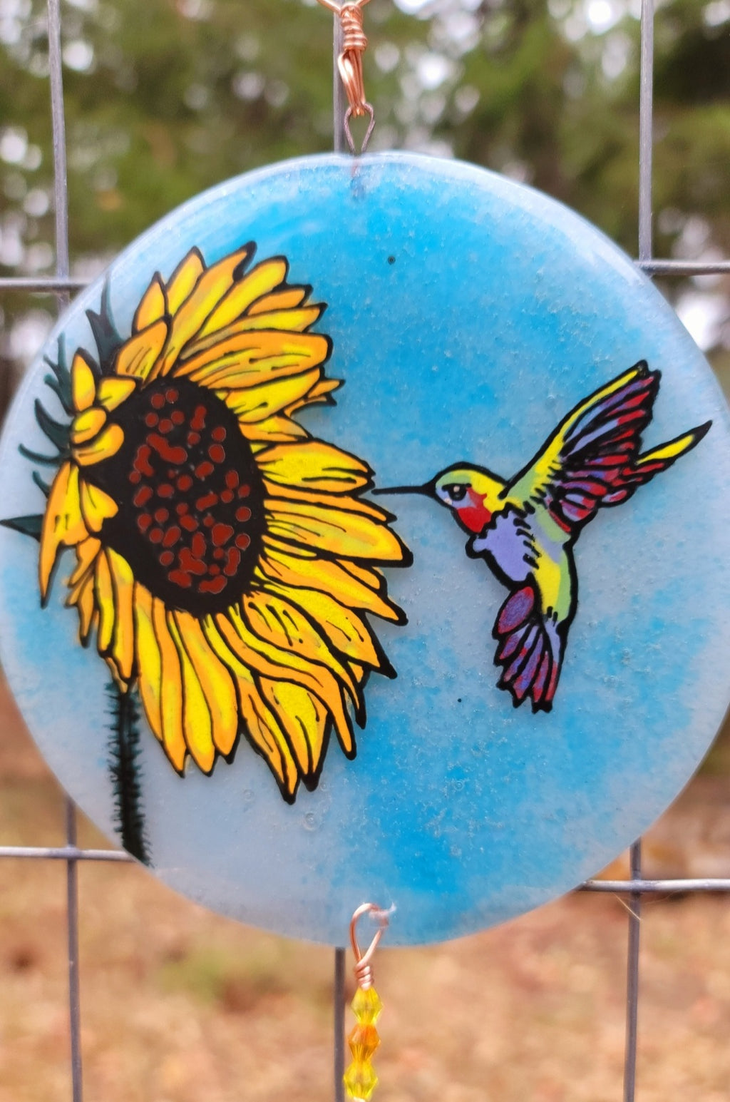 Hummingbird Sunflower Cremation Ashes InFused Glass Urn Sun Catchers